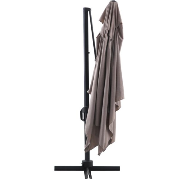 Ombrellone a braccio Bonbeach beige (392 cm) con meccanismo a manovella, chiuso sul palo.