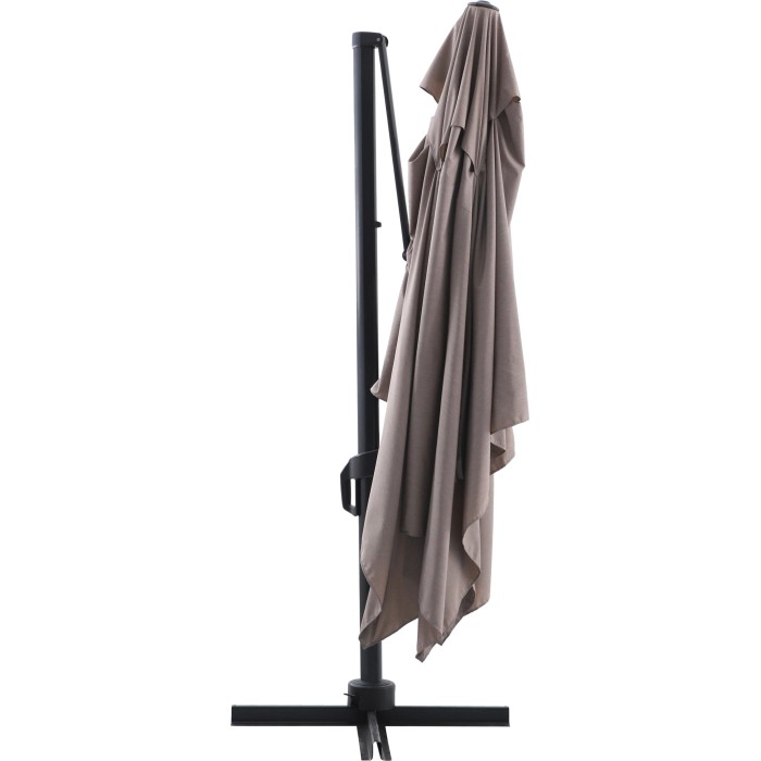 Ombrellone a braccio Bonbeach beige (392 cm) con meccanismo a manovella, chiuso sul palo.