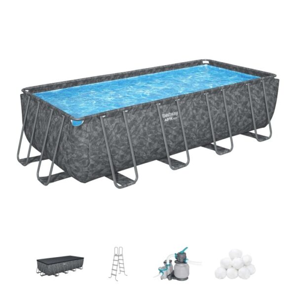 Piscina fuori terra rettangolare con struttura in acciaio, motivo grigio, inclusi accessori come scala e pompa filtro.