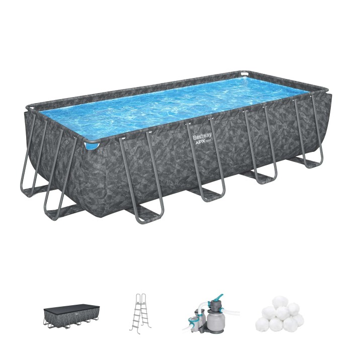 Piscina fuori terra rettangolare con struttura in acciaio, motivo grigio, inclusi accessori come scala e pompa filtro.