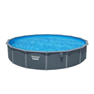 Piscina rotonda Bestway Hydrium con parete in acciaio grigio e acqua blu.