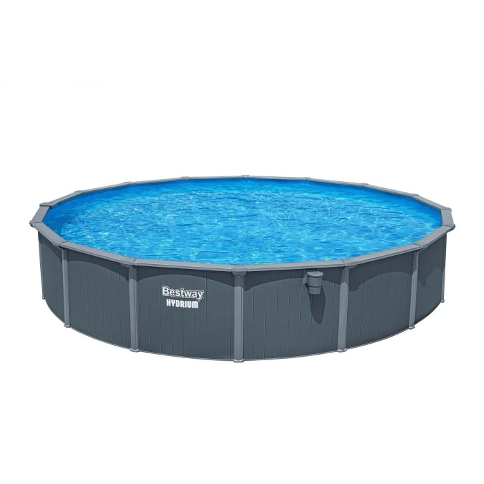Piscina rotonda Bestway Hydrium con parete in acciaio grigio e acqua blu.