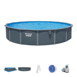 Piscina fuori terra rotonda con accessori: scaletta, copertura, pompa filtro. Ideale per il divertimento in giardino.