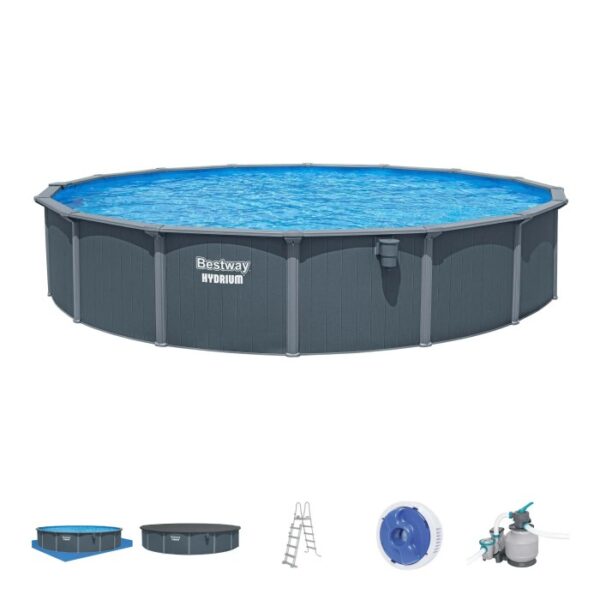 Piscina fuori terra rotonda con accessori: scaletta, copertura, pompa filtro. Ideale per il divertimento in giardino.