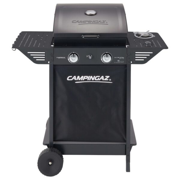 Barbecue a gas Campingaz con ripiani e carrello di trasporto.