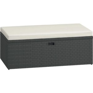 Panca da giardino / contenitore per cuscini in rattan grigio con cuscino beige. Ideale per terrazza e giardino.