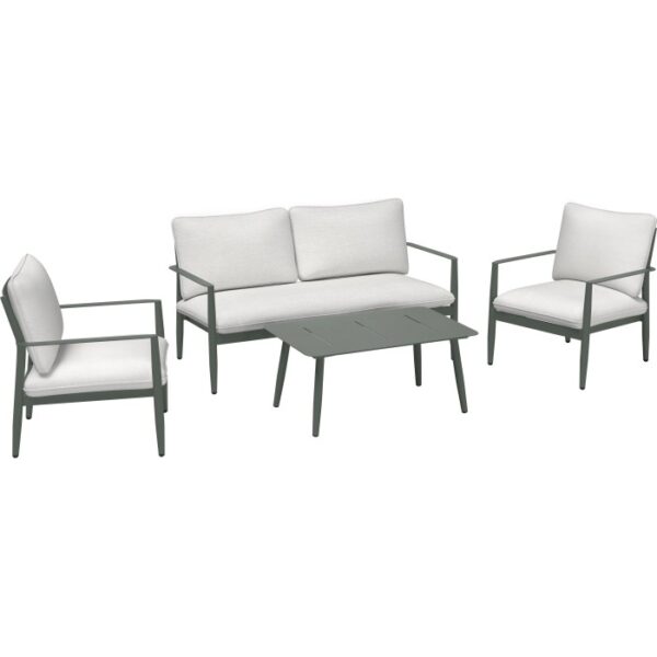 Set lounge Claremont 5 pezzi verde-grigio/bianco crema con divano, poltrone e tavolo.