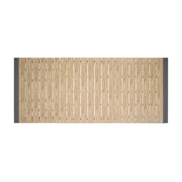 Piano tavolo per tavolo da giardino, listelli in legno marrone chiaro, rettangolare.