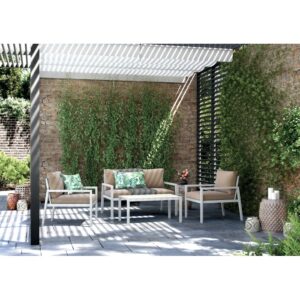 Set lounge divano Noralee 4 pezzi bianco con tavolo e cuscini marroni.