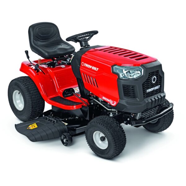 Trattorino tagliaerba rosso Troy-Bilt Bronco 107T-S con scarico laterale.