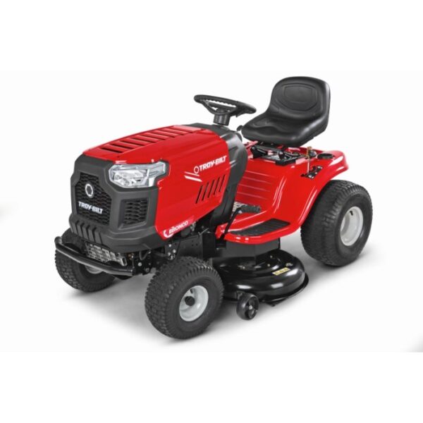 Trattorino tagliaerba rosso Troy-Bilt Bronco 107T-S con scarico laterale e trasmissione automatica.