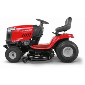 Trattorino tagliaerba rosso Troy-Bilt Bronco 107T-S con scarico laterale e trasmissione automatica.
