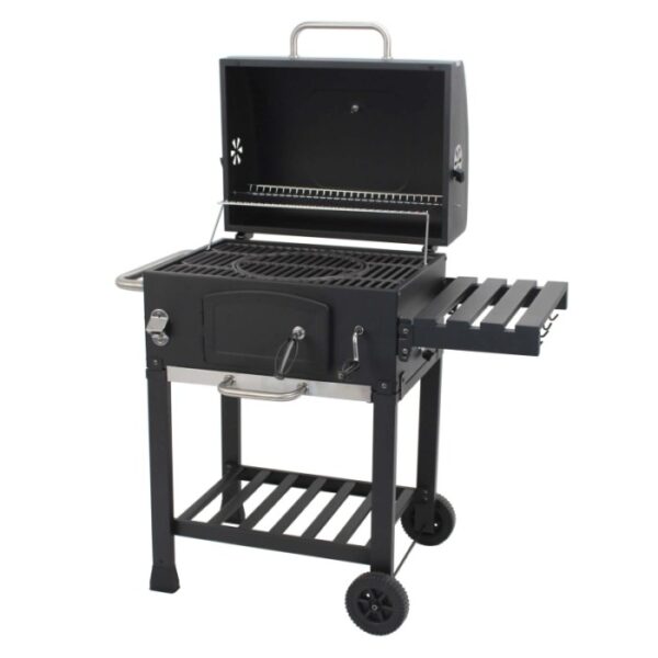 Barbecue a carbone Jamestown Jaxon nero con coperchio aperto e griglia modulare.