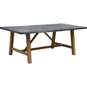 Tavolo da giardino rettangolare con piano grigio e struttura in legno.