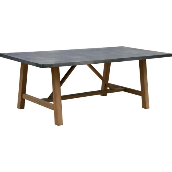 Tavolo da giardino rettangolare con piano grigio e struttura in legno.