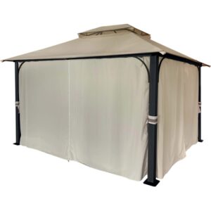 Gazebo beige con tende per giardino o patio.