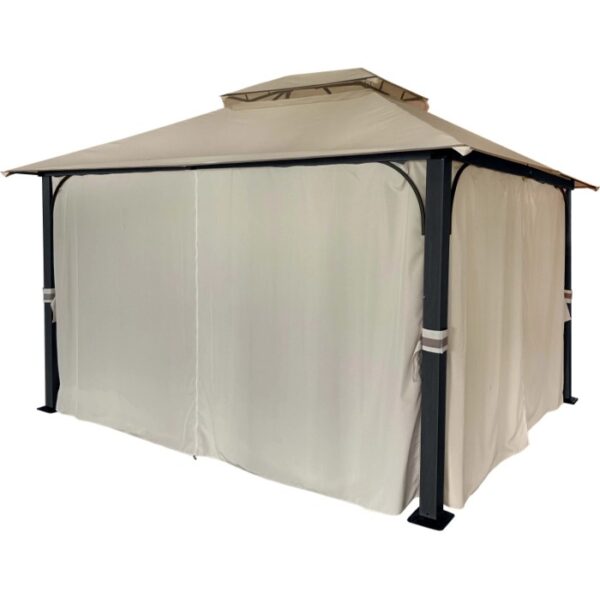 Gazebo beige con tende per giardino o patio.