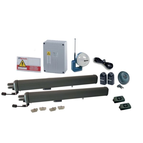 Kit automazione per porte garage Aprimatic: 2 motori, centralina, ricevitore radio, fotocellula, 2 telecomandi.