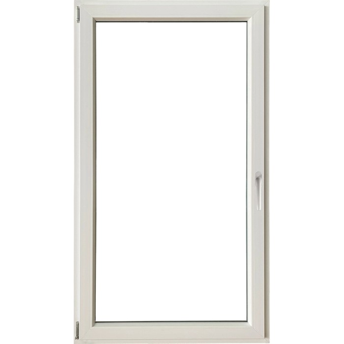 Telaio finestra in PVC bianco con maniglia. Finestre per nuove costruzioni e ristrutturazioni.