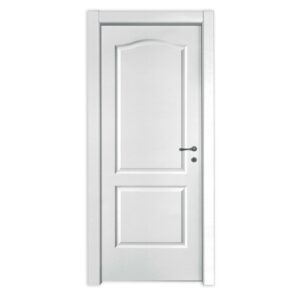 Porta interna bianca con due pannelli e inserto superiore arrotondato.