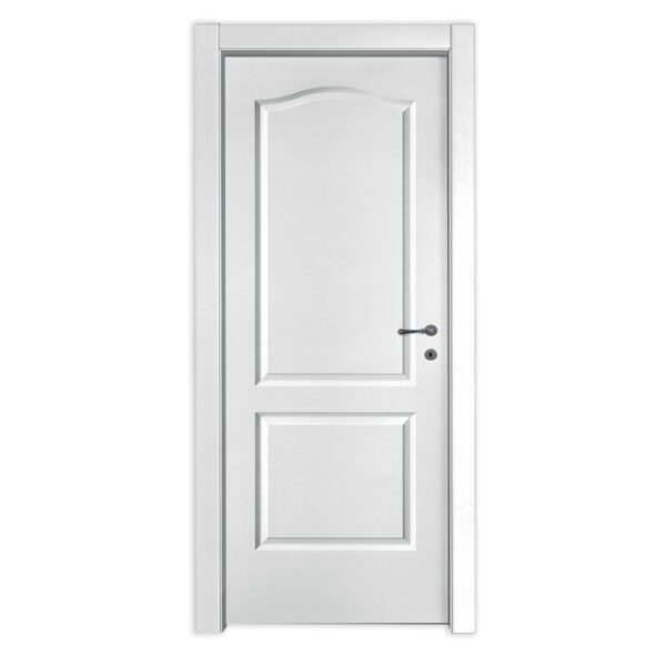 Porta interna bianca con due pannelli e inserto superiore arrotondato.