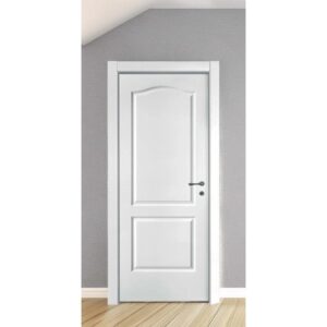 Porta interna bianca con due pannelli e maniglia argentata.