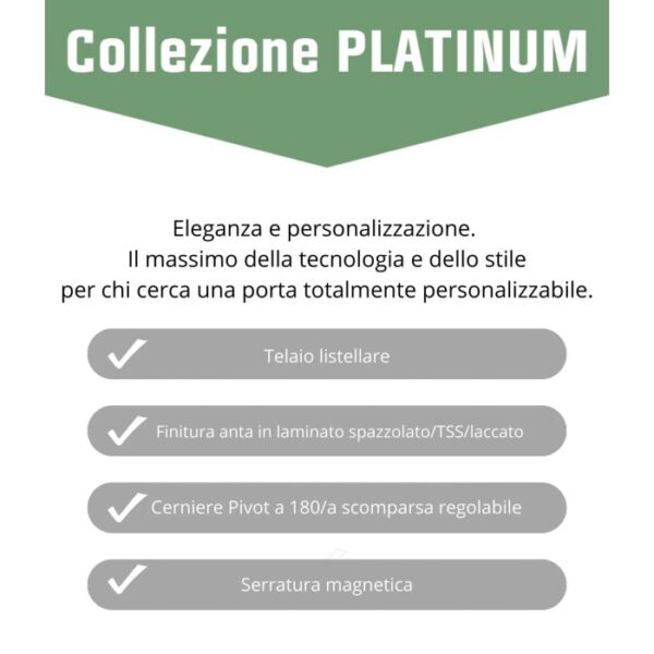 Dettagli della porta interna t.b.t.: telaio, laminato, cerniere e serratura magnetica.