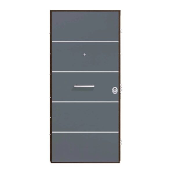 Porta blindata t.b.t. grigia con linee decorative orizzontali e maniglia.