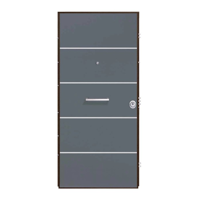 Porta blindata t.b.t. grigia con linee decorative orizzontali e maniglia.