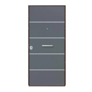 Porta blindata t.b.t. grigia con linee orizzontali e maniglia.