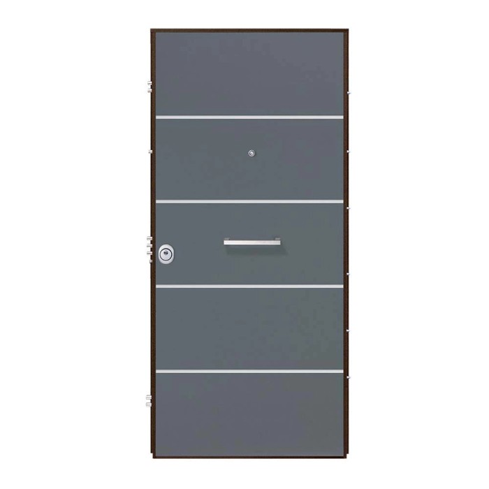 Porta blindata t.b.t. grigia con linee orizzontali e maniglia.