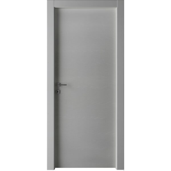 Porta interna grigia dal design semplice con maniglia argentata.
