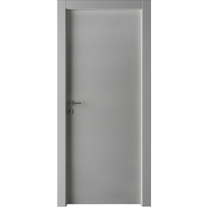 Porta interna grigia dal design semplice con maniglia argentata.