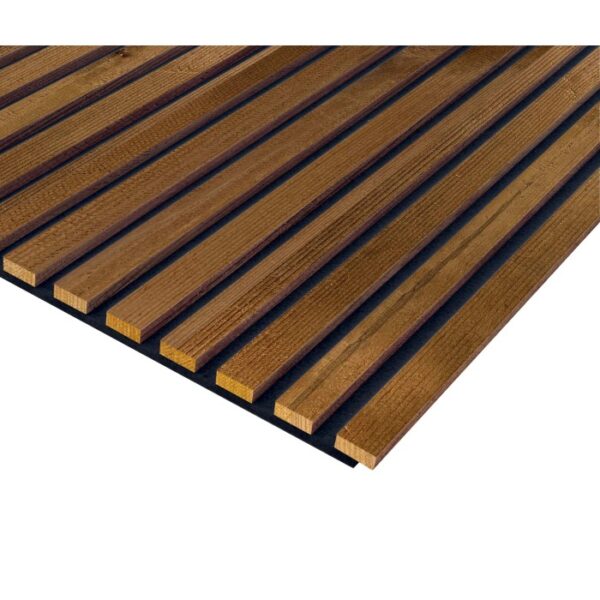 Pannello acustico in legno con listelli marroni su feltro nero. Fonoassorbente.