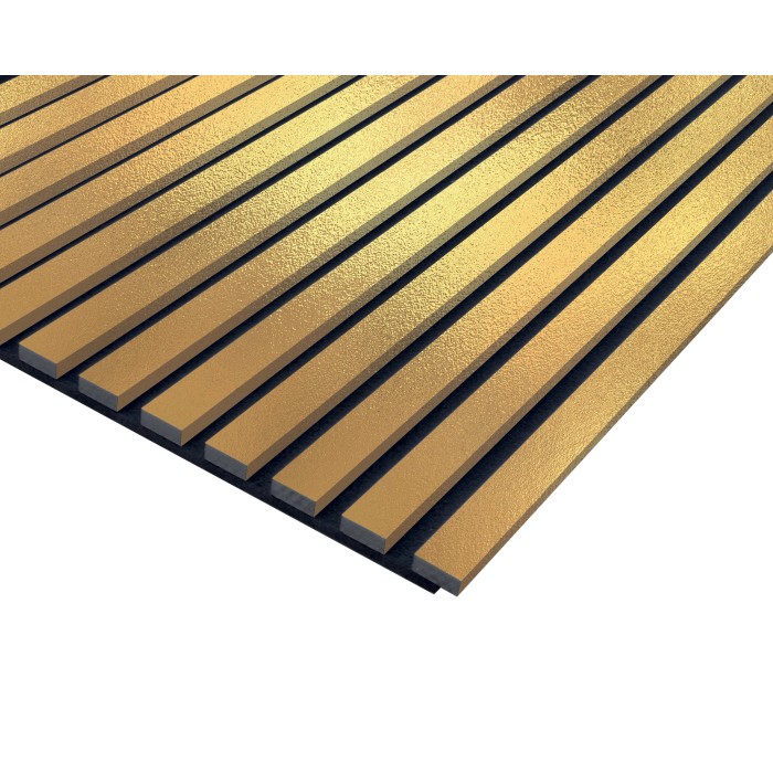 Pannello acustico color oro con struttura a lamelle per l'assorbimento acustico.