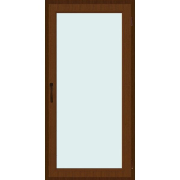 Finestra in PVC marrone con maniglia. Finestra per nuove costruzioni e ristrutturazioni.