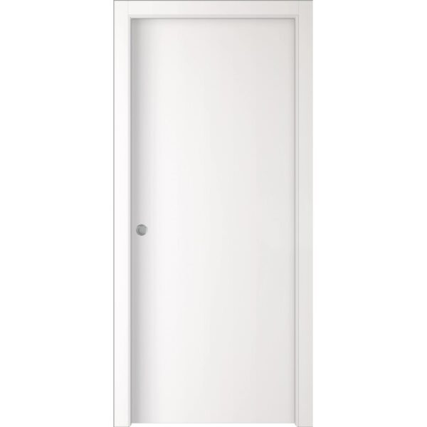 Porta interna bianca con design semplice e maniglia rotonda.