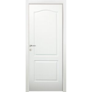 Porta interna bianca con due pannelli e maniglia argento.