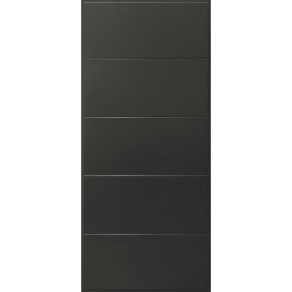 Moderna porta blindata t.b.t. grigia con linee orizzontali. Porta robusta per una maggiore protezione.