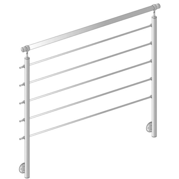 Ringhiera per scale argentata con barre orizzontali, accessori per scale e ringhiere.
