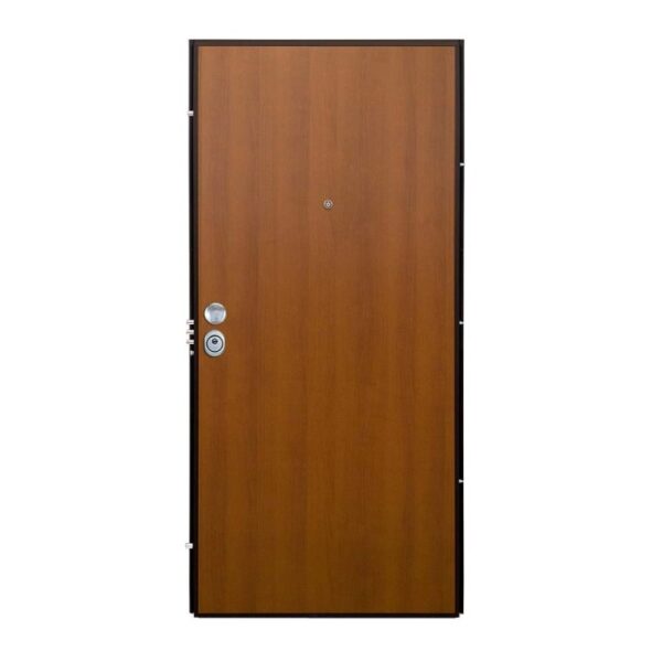 Porta blindata t.b.t. marrone con spioncino e telaio nero.