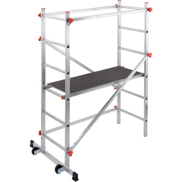 Ponteggio mobile in alluminio con piattaforma, ideale per lavori di ristrutturazione.