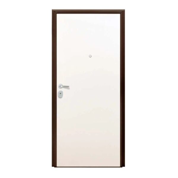 Porta blindata bianca con telaio marrone e maniglia argentata.