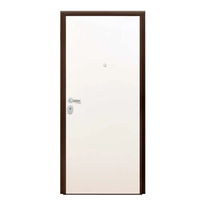 Porta blindata bianca con telaio marrone e maniglia argentata.