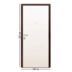 Porta blindata bianca con telaio marrone, maniglia e serratura. Ideale per proteggere la tua casa.