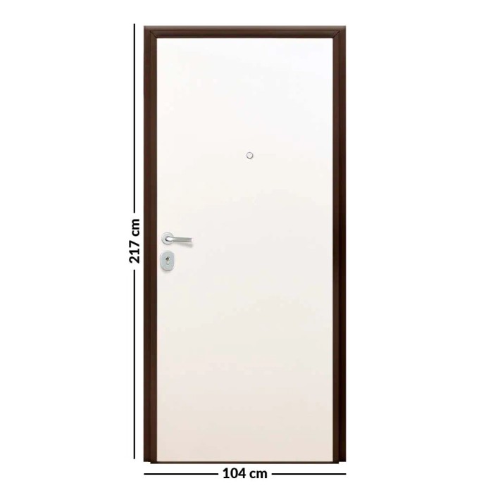 Porta blindata bianca con telaio marrone, maniglia e serratura. Ideale per proteggere la tua casa.