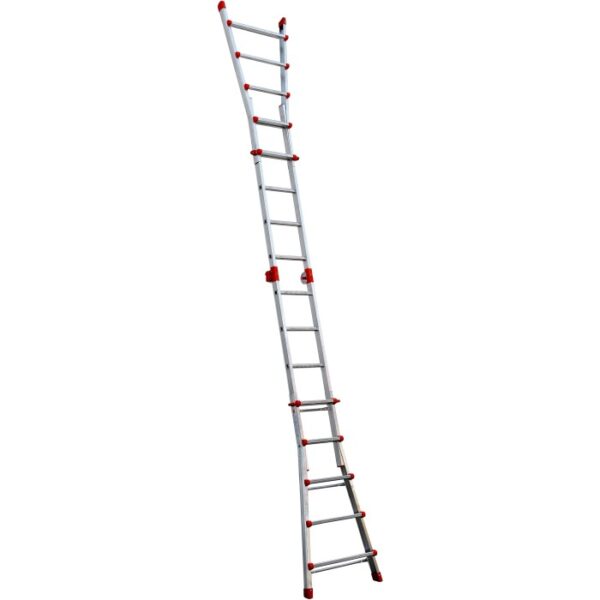 Scala edile t.b.t. argentata estesa con dettagli rossi.