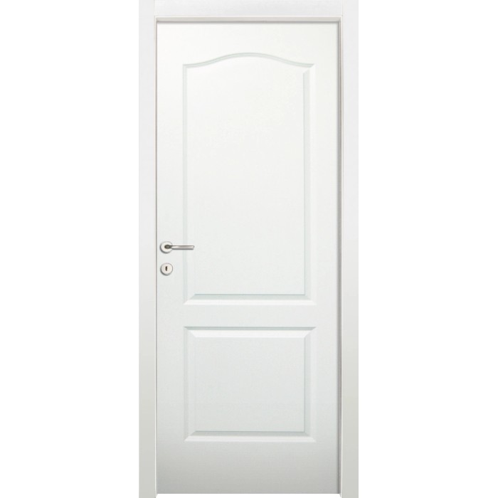 Porta interna bianca con due pannelli e maniglia argento.