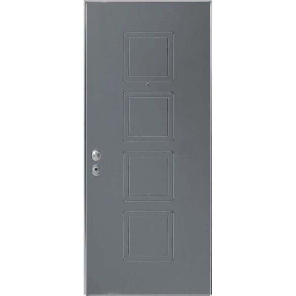 Porta blindata grigia con quattro pannelli quadrati e maniglia.