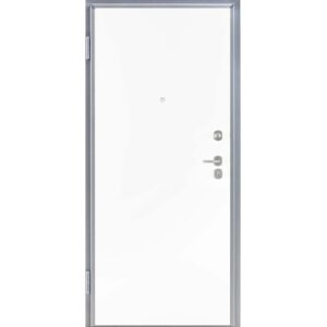 Porta blindata t.b.t. bianca con telaio e maniglia argentati.